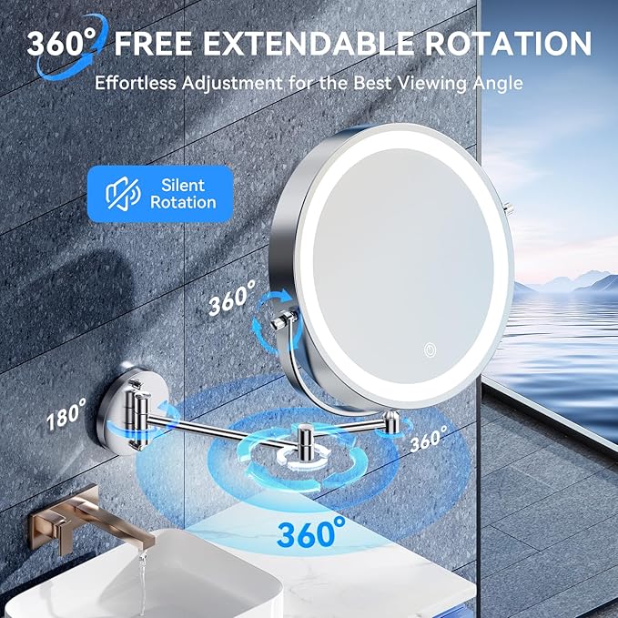 9'' 30X/1X Wall Mounted Lighted Makeup Mirror, 5000mAh Rechargeable Double-Sided Magnifying Mirror with Light, Bathroom Mirror Touch Dimmable 3 Colors 360° Rotation Extended Arm, Power Adapter