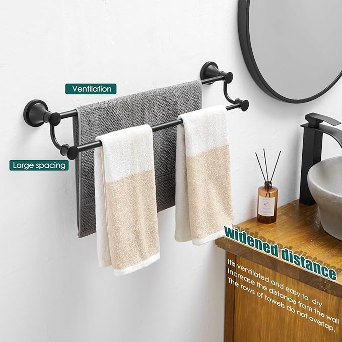 Hoimpro Adjustable Retractable 15-27 Inches Stainless Steel Bathroom Towel Bar, Bathroom Accessories Bath Hotel Double Towel Bar Rod Hanger Wall Mounted Towel Holder Towel Rack, Matte Black