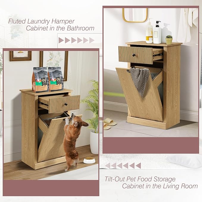 36" H Tilt Out Laundry Hamper Cabinet, Modern Fluted Trash Can Cabinets with Drawer, Wooden Hidden Garbage Cabinet for Kitchen and Bathroom (Natural Oak, Single)