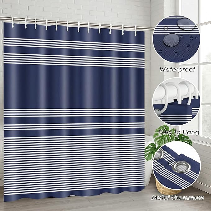 Navy Blue Bathroom Decor and Accessories Set, Striped Blue Shower Curtain and Rug Set with Trash Can, Soap Dispenser, Soap Dish, Toothbrush Holder, Toothbrush Cup, Toilet Brush