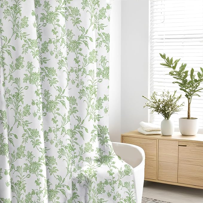 Seorsok Green Shower Curtain,Sage Floral Cotton Linen Cottagecore,Elegant Floral Fabric Shower Curtain Machine Washable Waterproof Bathroom Decor 60'Wx72'L inches
