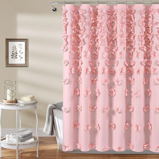 Lush Decor Riley Shower Curtain, 72" W x 72" L, Pink - Bathroom Curtain - Coquette Decor - Bow Shower Curtains - Cottage Core - Fabric Shower Curtains