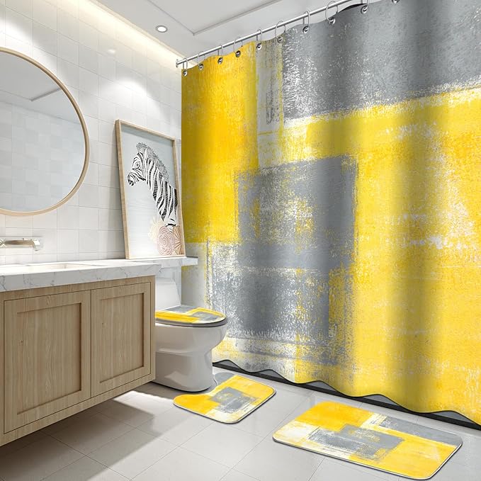 Lnond 4Pcs Bathroom Shower Curtain Sets with Rugs,Yellow and Grey Painting Art Bathroom Sets with Shower Curtain and Rugs and Accessories