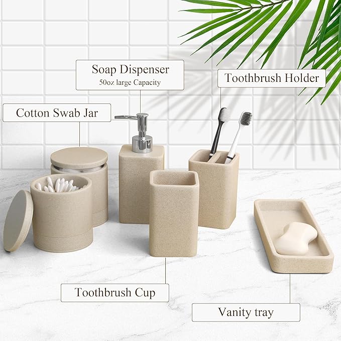 YMXYJM Bathroom Accessories Set, 6 Piece Bathroom Set with Toothbrush Holders, Soap Dispenser, Vanity Tray, Tumbler, Cotton Swab Jars, Bathroom Organizer，Bathroom Sink Sets, Stone Beige