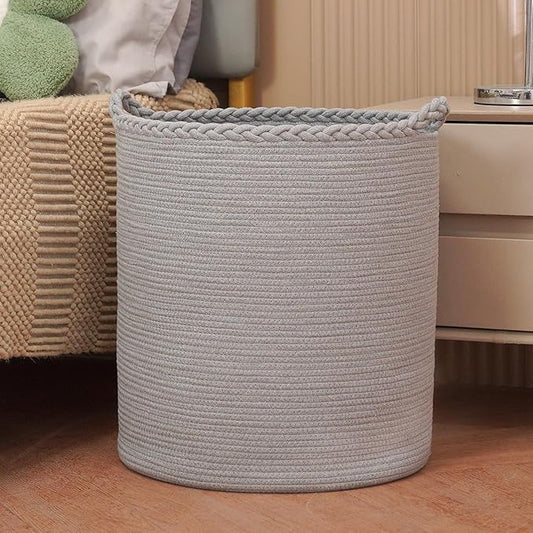 90L Oversize Woven Laundry Basket,Cotton Tall Laundry Hamper for Blankets,Clothes,Pillows,Toys,Shoes Large Laundry Bin Grey