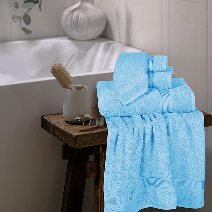 Elvana Home Ultra Soft 6 Pack Cotton Towel Set, Contains 2 Bath Towels 28x55 inch, 2 Hand Towels 16x24 inch & 2 Wash Coths 12x12 inch, Ideal for Everyday use, Compact & Lightweight - Sky Blue