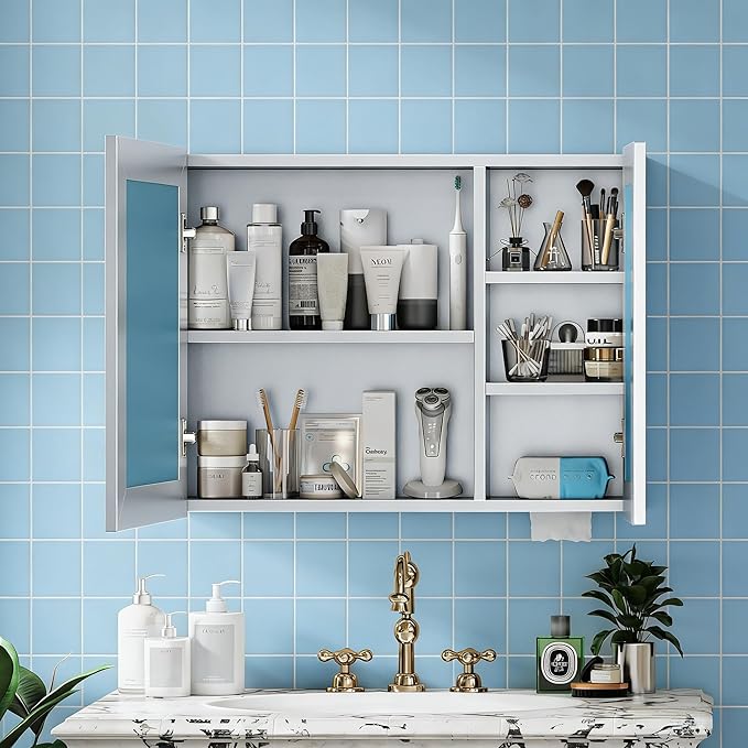 24x32 Inch Bathroom Medicine Cabinet with Mirror, Pre-Assembled Bathroom Medicine Cabinets, Surface/Recessed Wall Mounted Farmhouse Large Medicine Cabinet, Sliver