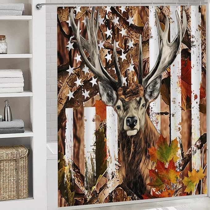 Rustic Deer Camouflage Deer Elk 4 Piece Shower Curtain Sets, Non-Slip Rugs, Toilet Lid Cover and Bath Mat, Durable and Waterproof, for Bathroom Decor Set One Size