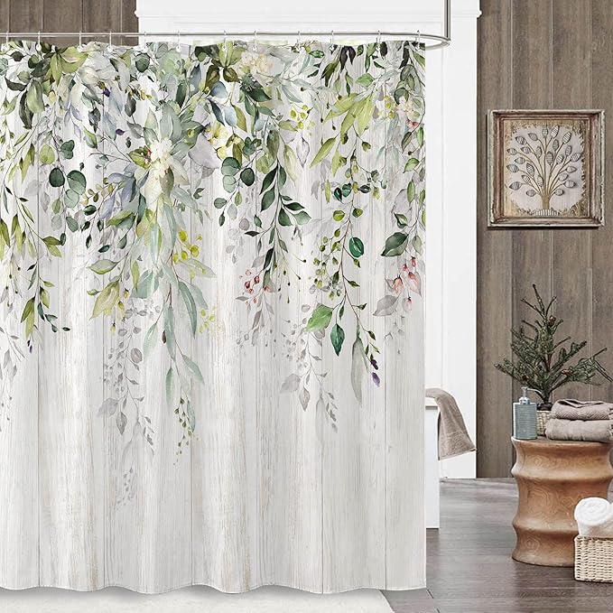 kampdream Eucalyptus Plant Rustic Shower Curtain, Watercolor Leaves On The Top Country Farm House Shower Curtain, Spring Botanical Bathroom Curtain 72 ×72 Inch