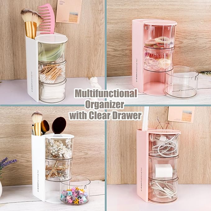 WCHOSOZH 3-Tier Clear Hair Accessories Organizer with Hair Brushes Holder, Rotatable Drawer Makeup Sponge Holder Desktop Organizer Case for Makeup Brush Lipsticks Q-tip Cotton Swab Stationery (Pink)