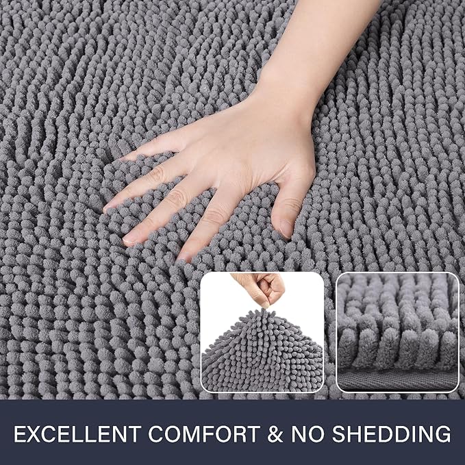 LOCHAS Luxury Bathroom Rug Shaggy Bath Mat 24 x 80 Inch, Washable Non Slip Bath Rugs for Bathroom Shower, Soft Plush Chenille Absorbent Carpets Mats, Grey