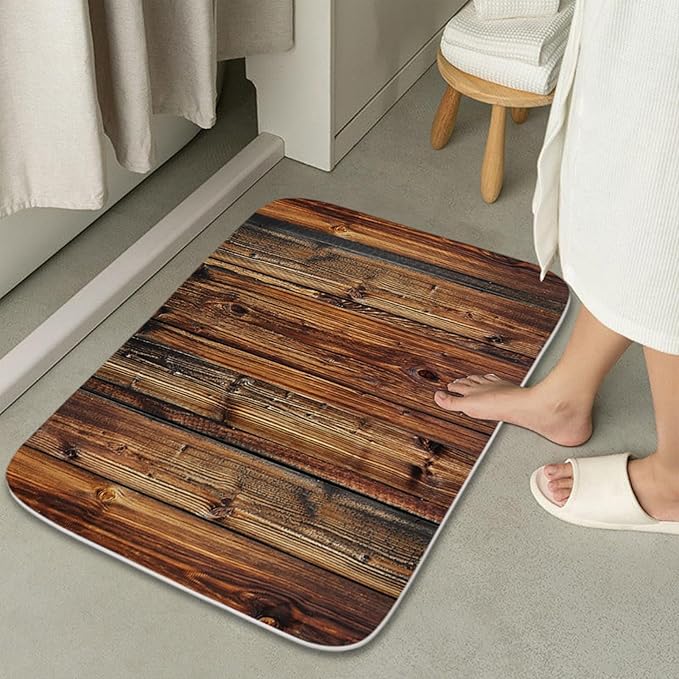 Rustic Farmhouse Wooden Board Print Bathroom Rugs and Mats Sets 3 Piece, Wood Western Country Bath Mat 20 x 31 in, Coral Velvet Memory Foam U-Shaped Contour Shower Mat Non Slip Absorbent