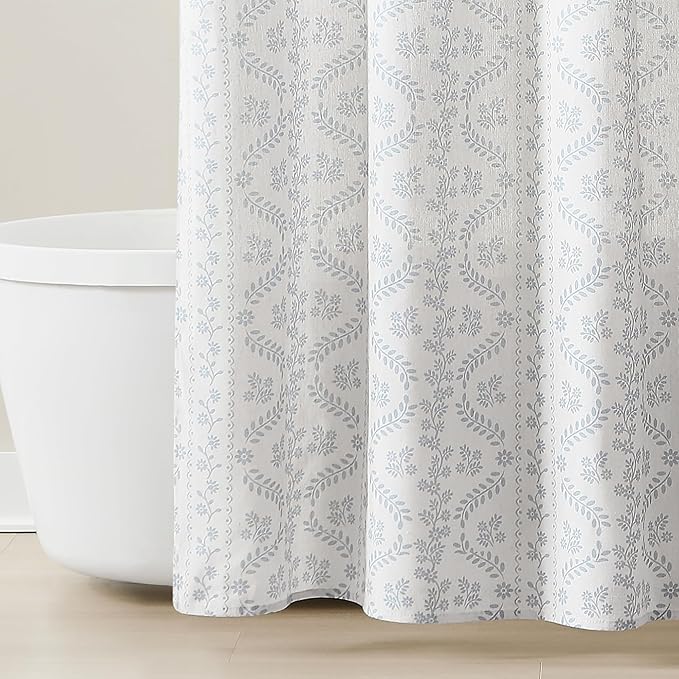 Lush Decor Doreen Delicate Floral Linen Textured Shower Curtain Single 72" W x 72" L Blue - Floral Shower Curtains for Bathroom - Bathroom Curtain