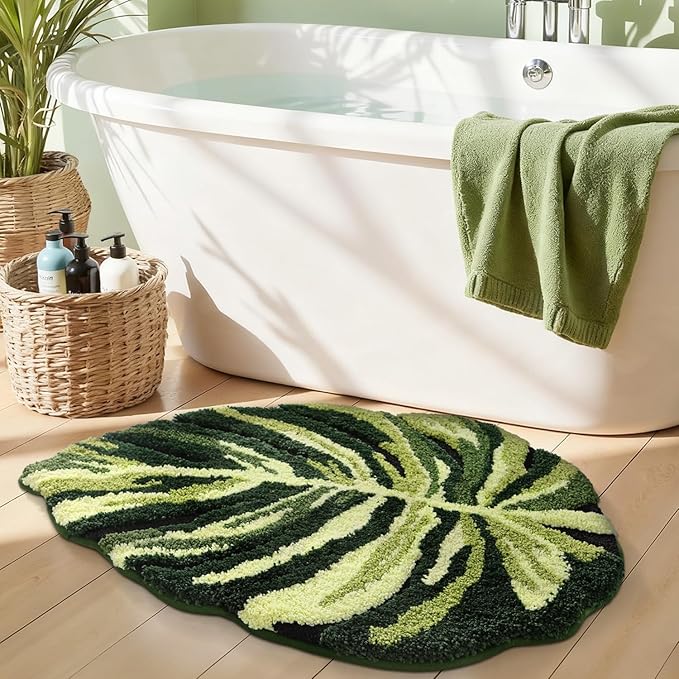 LUMI Cute Bathroom Rugs with Green Leaf Plant, Soft, Fluffy, Plush, Absorbent, Quick Dry, Non Slip, Machine Washable for Shower Floor, Bathroom, Bedroom, Kids Room, 24"x32", Dark Monstera