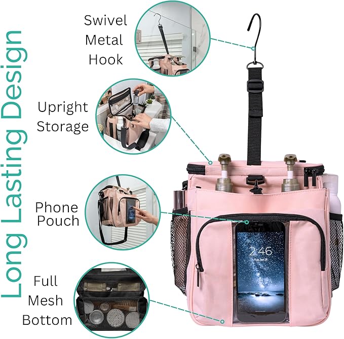 TERRA HOME XL Portable Shower Caddy Bag for Girls with Extra Storage, Durable Mesh Bottom, Shoulder Strap, Keychain Holder Shower Caddy Case for College Dorms - Travel Vacation Essentials (Blush Pink)