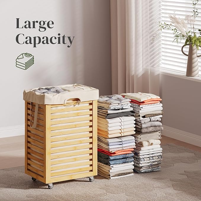 Laundry Hamper with Wheels, Laundry Basket with Liner, 85L Large bamboo wood Laundry Clothes Laundry Hamper, Liner with Handles, Dirty Clothes Storage Cart For Laundry Room, Dorm, Bedroom(Natural)