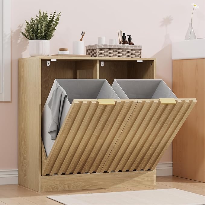Smuxee Double Tilt Out Laundry Hamper Cabinet, Hidden Laundry Cabinet with Double Baskets, Natural Trash Can with Fluted Doors for Bathroom, Kitchen