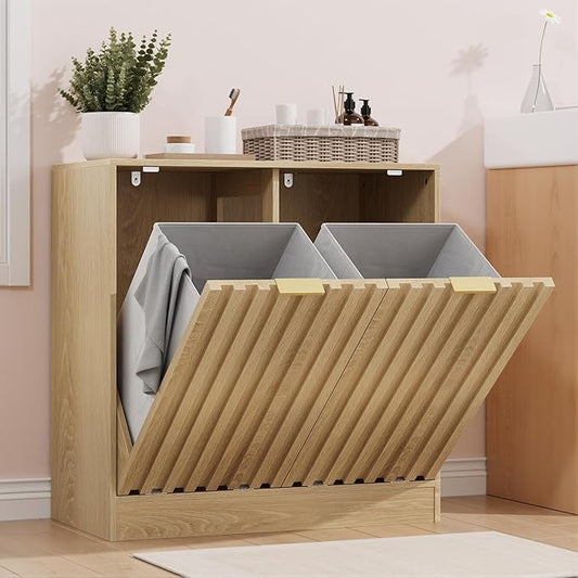 Smuxee Double Tilt Out Laundry Hamper Cabinet, Hidden Laundry Cabinet with Double Baskets, Natural Trash Can with Fluted Doors for Bathroom, Kitchen