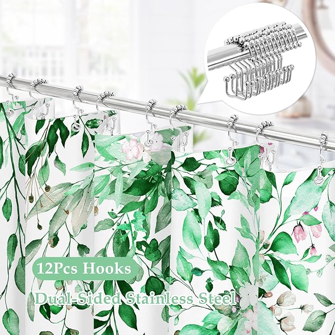 Gibelle 3 in 1 Shower Curtain Set, 72x72 Eucalyptus Bath Curtain and PEVA Liner Set with 12 Metal Hooks, Waterproof Fabric Bathroom Curtain, EmeraldGreen