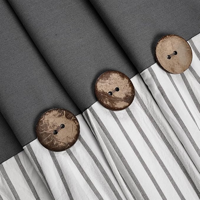 Farmhouse Shower Curtain, Beige and Gray Stripe, Button Curtain, Linen and Cotton Woven Fabric, Rustic Charm Country Chic Style, 72x72 in