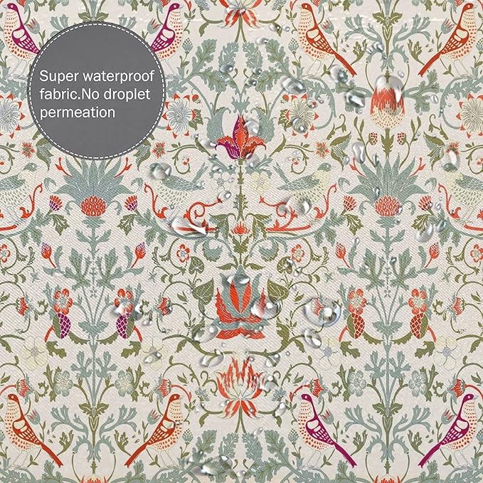 Bohemia William Morris Art Fabric Shower Curtain,Abstract Retro Mid Century Boho Floral Bird Hotel Quality,Machine Washable,72L x72W for Bathroom.