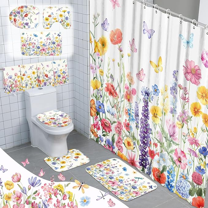 Tatuo 8 Pcs Spring Wildflower Shower Curtain Set Watercolor Floral Bathroom Accessories Decor Farmhouse Plants Butterfly Waterproof Shower Curtain with Towels Carpet Bath Mat Toilet Rugs and 12 Hooks