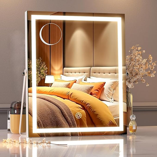 MINISO Vanity Mirror with Lights, 11.4" x 13.8" LED Makeup Mirror, Light & Brightness Adjustment, Smart Sensor, Aluminum Alloy Metal White Frame, with 5X Magnifying Glass