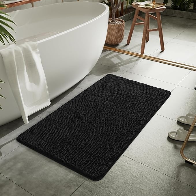 LOCHAS Luxury Bathroom Rug Shaggy Bath Mat 24 x 40 Inch, Washable Non Slip Bath Rugs for Bathroom Shower, Soft Plush Chenille Absorbent Carpets Mats, Black