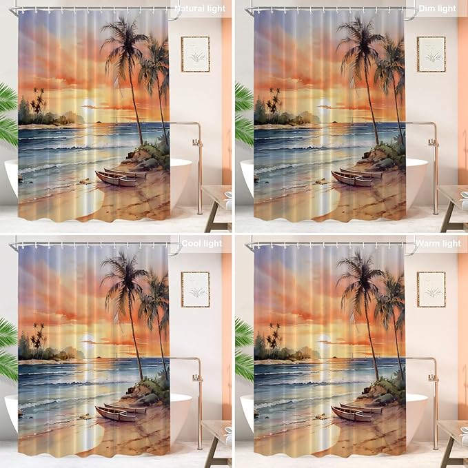 Shrahala Summer Sunset Beach Decorative Shower Curtain, Tropical Seaside Scene Bathroom Décor Polyester Fiber Waterproof with Plastic Rings for Shower Stall Bathtubs 72 X 60 in