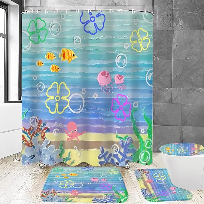 Yizheer 4Pcs Cute Beach Ocean Shower Curtain Sets, Cartoon Ocean Theme Bathroom Curtain with Rugs, Toilet Lid Cover and Bath Mat