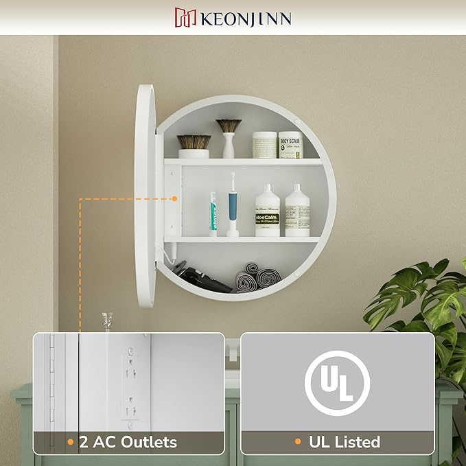 Keonjinn Round LED Medicine Cabinet 24 Inch, White Lighted Medicine Cabinet for Bathroom with Mirror, Circle, Electrical Outlet, 3 Color Lights, Anti-Fog, Dimmable, Surface Mount Only