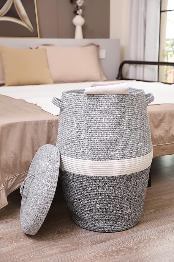 26"x20" Handcrafted Tall Cotton Rope Basket with Lid, Stylish Flagon Shape with Cover, Clothes Hamper with Top, for Bedroom and Living Room, Dual Grey