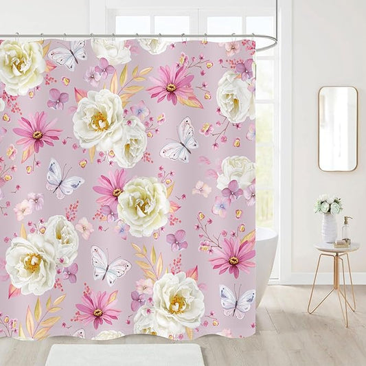 Pink Floral Shower Curtains, Watercolor White Roses Pink Pyrethrum Flower and Butterflies Shower Curtains, Waterproof Fabric Spring Floral Pattern Bathroom Shower Curtain, 72 x 72 Inch