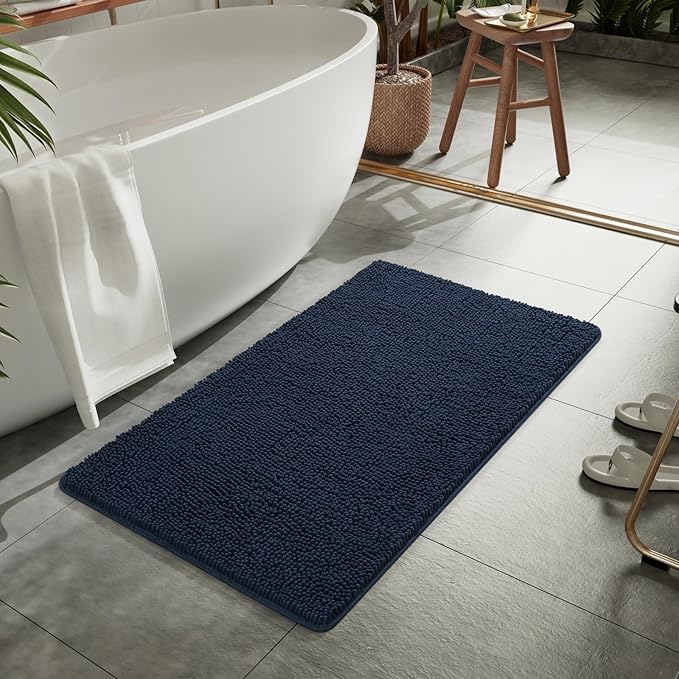 LOCHAS Luxury Bathroom Rug Shaggy Bath Mat 24 x 44 Inch, Washable Non Slip Bath Rugs for Bathroom Shower, Soft Plush Chenille Absorbent Carpets Mats, Navy
