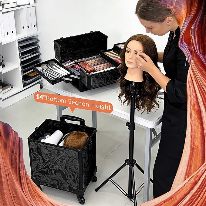 BYOOTIQUE 4in1 Rolling Makeup Case with 2 Makeup Brush Bag, Professional Cosmetic Train Case on Wheels for Makeup Artist Travel Hairstylist