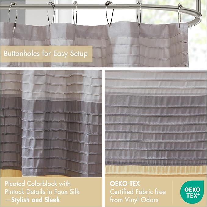 Madison Park Amherst Bathroom Shower Curtain Faux Silk Pieced Striped Modern Microfiber Bath Curtains, 72x72 Inches, Yellow
