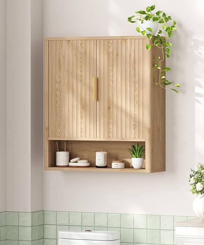 Keehusux 27.6" H Bathroom Wall Storage Cabinet with 2 Fluted Doors, Modern Wall Mounted Bathroom Cabinet with Adjustable Shelf, Curved Profile Medicine Cabinet for Kitchen, Living Room, Natural Oak