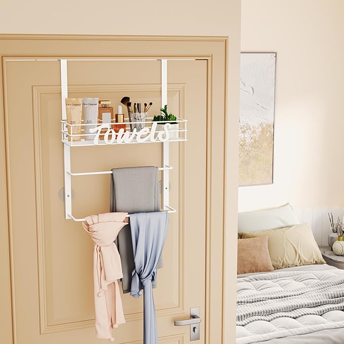 SWTYMIKI SWTYMIKI Over The Door Towel Racks for Bathroom - 5-Tier Wall Mounted Bathroom Towel Storage Organizer Holder with Metal Shelf (3 Tier-White)