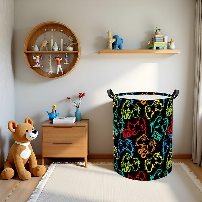 Kids Laundry Basket Baby Hamper Toy Storage Bin for Boys Room Decor Baby Nursery Hamper Gift Baskets for Bedroom Bathroom(Game)