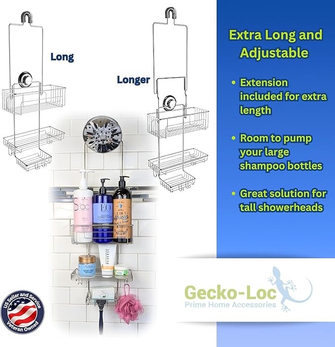 Gecko-Loc SHS-015EXT Extra Long Adjustable Hanging Shower Caddy, Over-the-Showerhead Organizer for Shampoo, Soap, Razors, Rustproof Stainless Steel, Silver