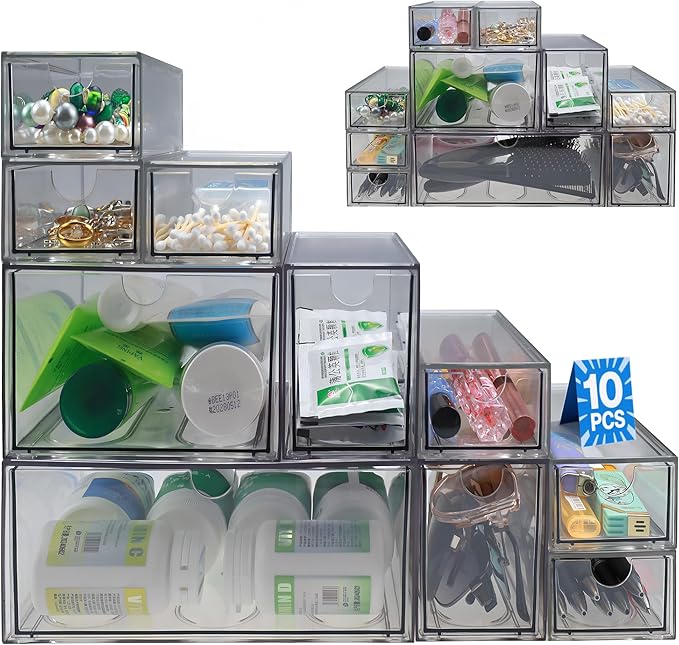 10 Pack Acrylic Storage Drawers Plastic Drawers Storage Clear Stackable Display Bins for Fridge Organizers Small Plastic Drawer for Makeup Organizers Cosmetic Display Case