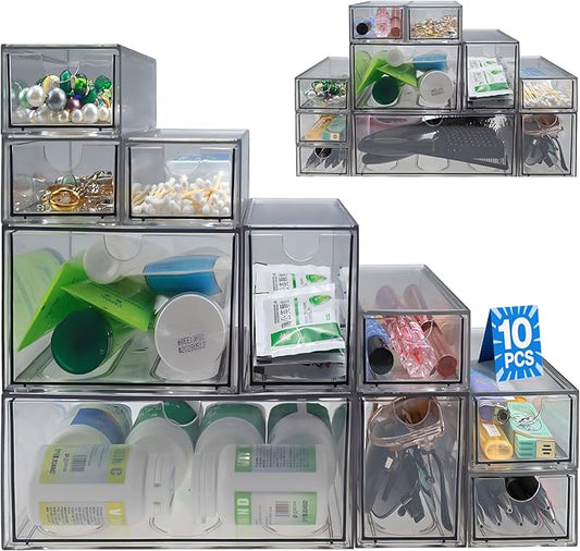 10 Pack Acrylic Storage Drawers Plastic Drawers Storage Clear Stackable Display Bins for Fridge Organizers Small Plastic Drawer for Makeup Organizers Cosmetic Display Case