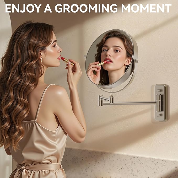 Auxmir 1X/30X Wall Mounted Makeup Mirror, Double-Sided Magnifying Mirror with Tweezers, Bathroom Makeup Mirror, Cosmetic Vanity Mirror with 360 Rotation Extendable Swivel Arm, Nickel