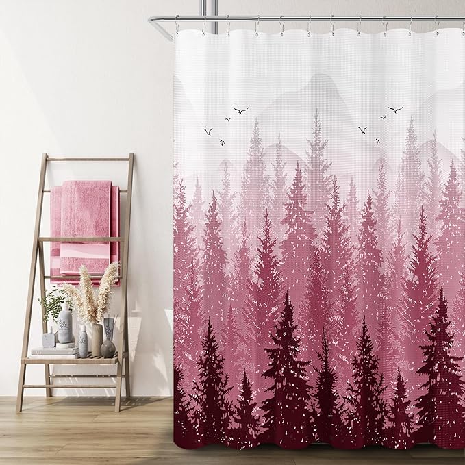 Hokibero Burgundy Misty Forest Mountain Nature Tree Fabric Shower Curtains for Bathroom Waterproof Heavy Duty Green and White Woohitedland Shower Curtain Bathtubs Hotel, 72 x 72 inch