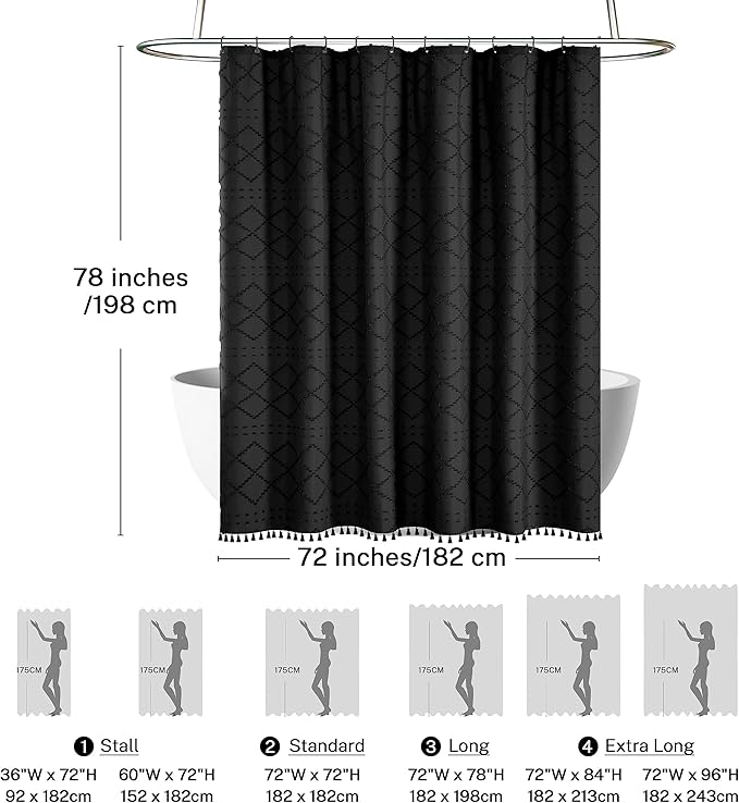Extra Long Black Textured Boho Shower Curtain with Tassels 72 x 78 Tufted Chevron Striped Chenille Woven Fabric Cloth Shower Curtain Modern Farmhouse Minimalist, Shabby Chic Home Decor for Bathroom