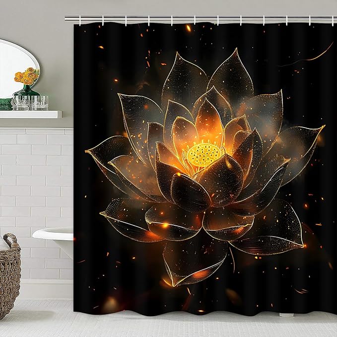 AZHM Luxury Golden Lotus Shower Curtain Set 4 PCS Black Gold Floral Bathroom Decor Set with Non-Slip Bath Rugs, Toilet Lid Cover and U-Shaped Mat
