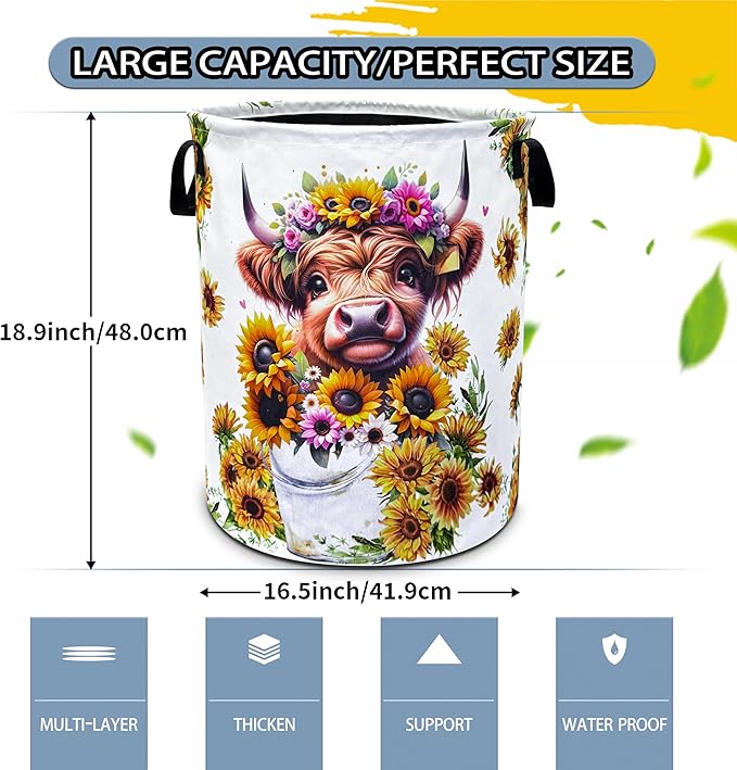 Highland Cow Laundry Basket Sunflower Flower Foldable Oxford Cloth Funny Tote Bag Laundry Hamper Clothes Storage Bucket Toy Organizer For Bathroom/Laundry Storage/Bedroom 18.9x16.5 Inch