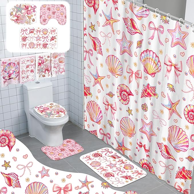 Tatuo 8 Pcs Beach Shower Curtain Set Blue Bow Ocean Summer Beach Party Bathroom Accessories Sets Coquette Starfish Coastal Waterproof Shower Curtain with Towels Carpet Bath Mat Toilet Rugs 12 Hooks