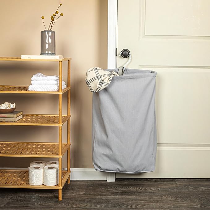 Household Essentials Door Hanging Laundry Bag, Washable Canvas Bag with Loop Handle, Holds Two Loads of Laundry, Great for Dorms and Small Spaces, Grey