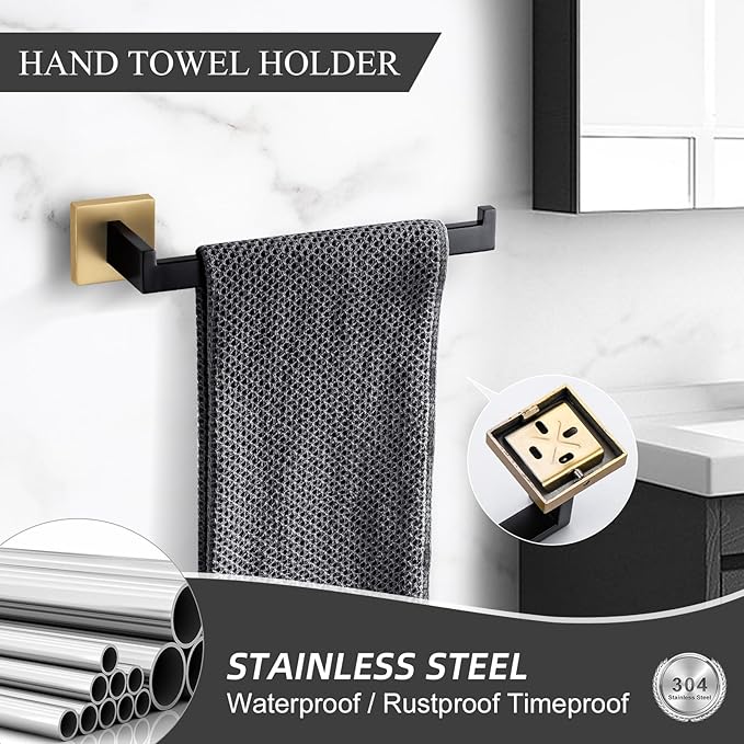 TURS 4-Piece Bathroom Hardware Set Brushed Gold and Black Towel Bar Set Include Towel Bar Hand Towel Holder Toilet Paper Holder with Shelf Robe Hook Stainless Steel Bathroom Accessories Sets
